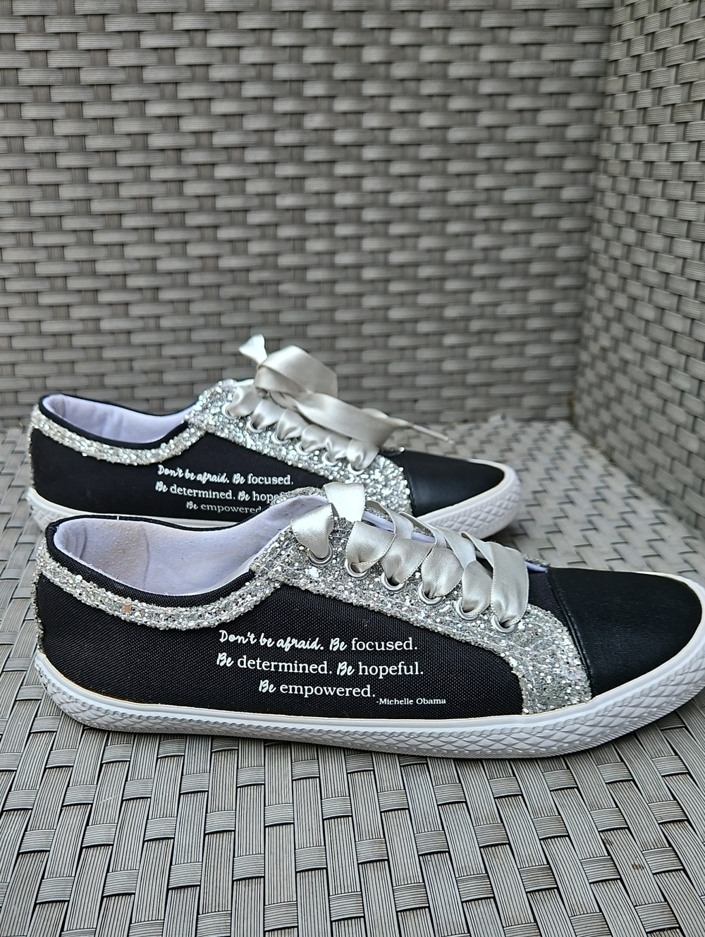*Bradford Exchange MICHELLE OBAMA Black  Silver Glitter Ribbon Low-Top Sneakers